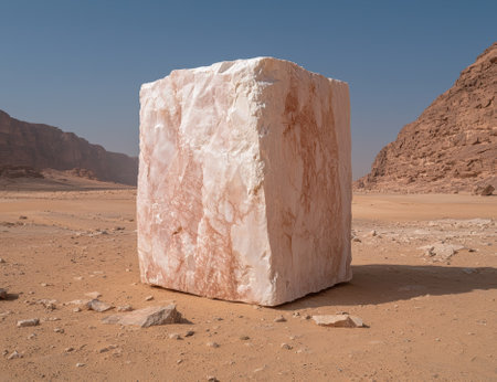 Large cube of marble in a desert landscape.の素材