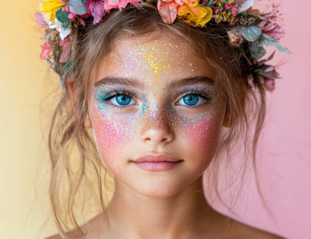 A young girl with glitter makeup and a flower crown.の素材