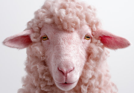 Close-up of a pink sheep with curly wool.の素材