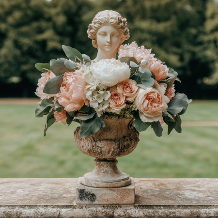 Elegant floral arrangement with a bust statue on a stone ledge.の素材