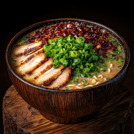 A hearty bowl of ramen with pork belly, green onions, and chili oil.の素材