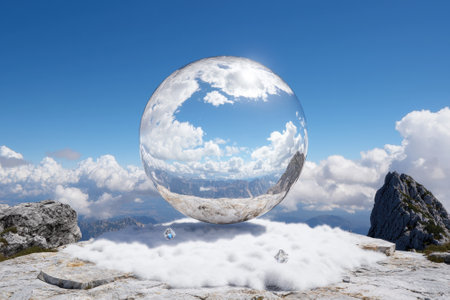 Crystal ball reflecting a mountain landscape with fluffy clouds.の素材