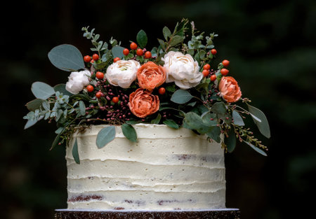 Elegant wedding cake decorated with fresh flowers and greenery.の素材