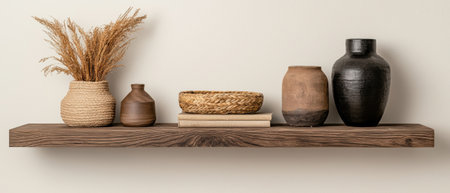 Rustic vases and decor on a wooden shelf.の素材