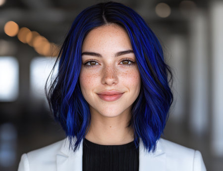 Portrait of a young woman with blue hair and freckles.の素材