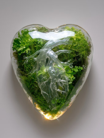Heart shaped terrarium with green plants and a plastic heart inside.の素材