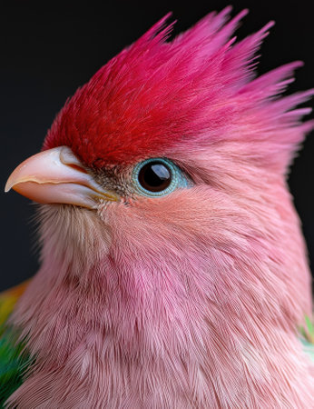 Close-up of a colorful pink bird with a spiky red crest.の素材