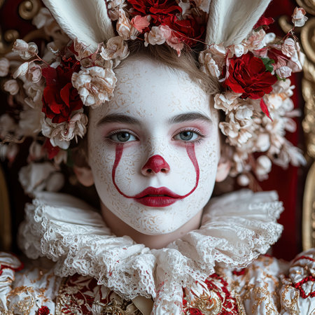 A young person in elaborate clown makeup and a floral headdress.の素材