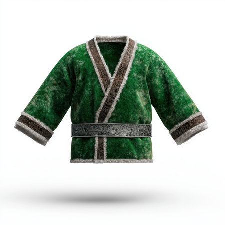 Green kimono with decorative belt and trim.の素材