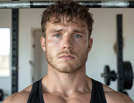 A muscular man in a gym setting.の素材