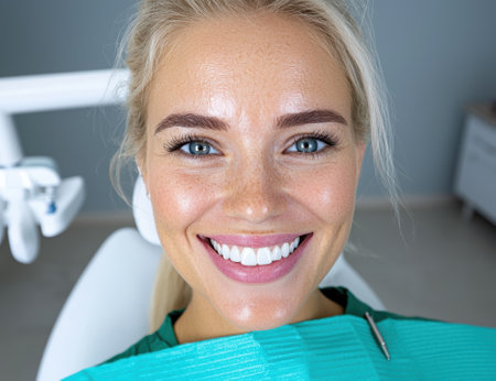 Smiling woman with perfect white teeth at the dentistの素材