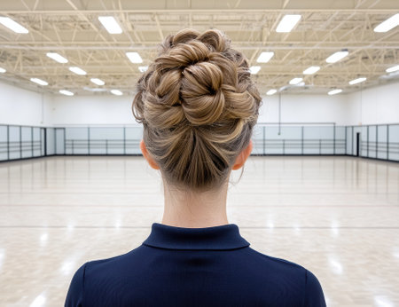 A woman with an intricate hairstyle stands in a gymnasium.の素材