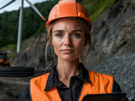 A female engineer in a hard hat and safety vest stands in front of a wind turbine.の素材