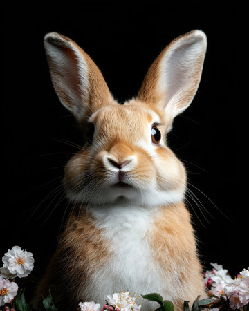 A cute bunny rabbit portrait with flowers on a black background.の素材