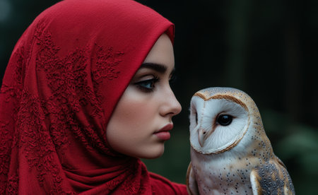 A woman in a red hijab looks at a barn owl.の素材