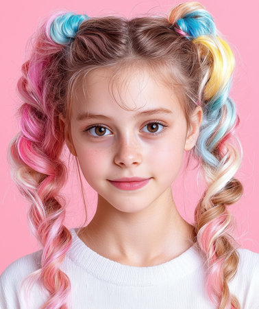 Portrait of a young girl with colorful curly hair.の素材