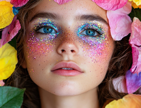 Close-up portrait of a woman with glitter makeup and flowers.の素材