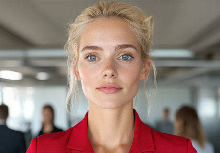 Portrait of a blonde woman in a red blazer in an office environment.の素材