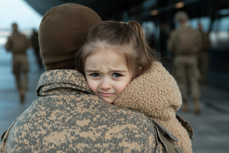 A little girl hugs a soldier, emotional goodbye.の素材