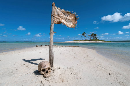 Skull and tattered flag on a tropical island beach.の素材