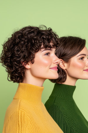 Two women in turtlenecks stand side by side.の素材