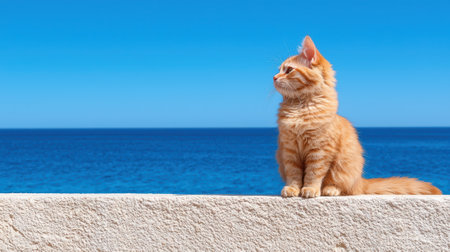 An orange tabby cat sits on a wall overlooking the ocean.の素材