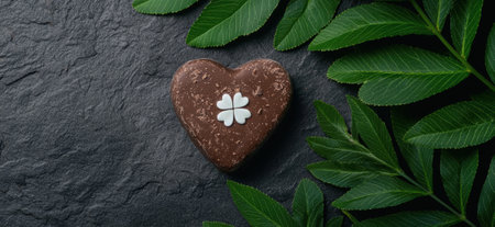 Chocolate heart with a lucky clover on a slate background with green leaves.の素材
