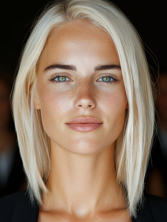Close-up portrait of a beautiful woman with blonde hair and freckles.の素材