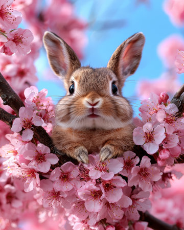 A cute rabbit surrounded by pink cherry blossoms.の素材