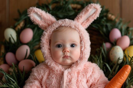 A baby dressed in a bunny costume surrounded by easter eggs.の素材