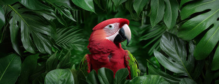 A vibrant macaw parrot surrounded by lush green tropical foliage.の素材