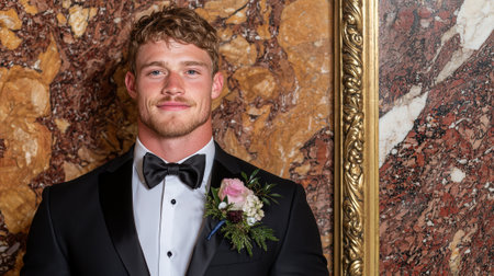 Man in a tuxedo with a boutonniere poses in front of a marble wall.の素材