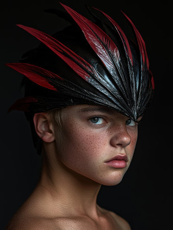 Portrait of a young person wearing a feathered helmet.の素材