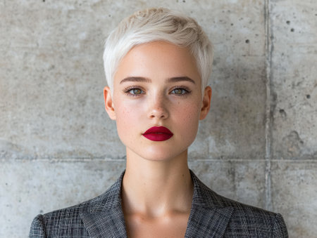 Portrait of a beautiful woman with short white hair wearing a blazer.の素材