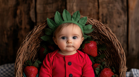 Adorable baby dressed as a strawberry in a basket.の素材