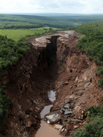 A large landslide has created a deep ravine in a rural landscape.の素材