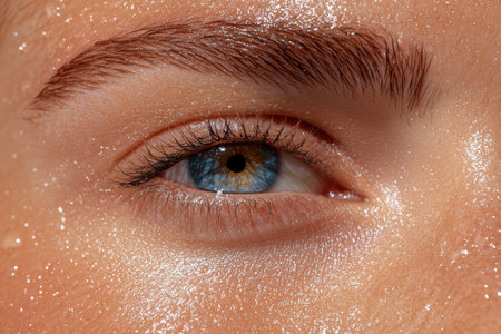Close-up of a blue eye with water droplets on the skin.の素材