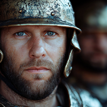 A roman soldier in armor looks forward.の素材