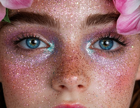 Close-up of a woman's face covered in pink glitter.の素材