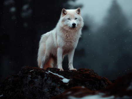Majestic arctic wolf standing on a rocky outcrop in a snowy forest.の素材