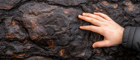 Hand touching a dark, textured rock formation.の素材