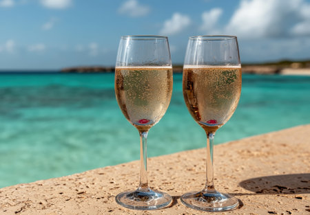 Two glasses of champagne on a tropical beach.の素材