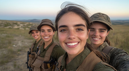 Four women in military uniforms take a selfie in a field.の素材