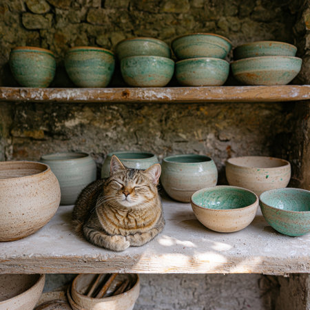 A tabby cat rests among handmade pottery on a shelf.の素材