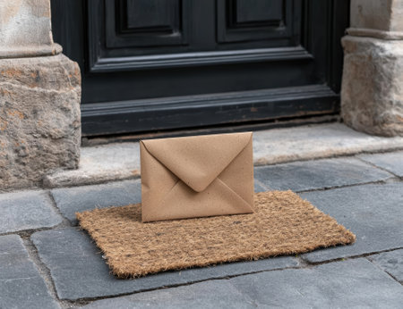 A brown envelope sits on a doormat outside a dark door.の素材