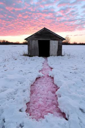 Rustic shed in a snowy field at sunset with a pink path.の素材