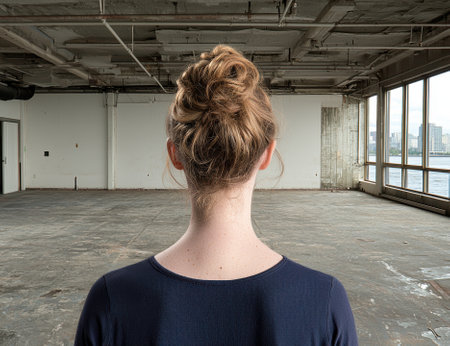 Woman looking out over city from empty building.の素材