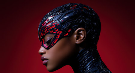 Futuristic woman in a black and red mask.の素材