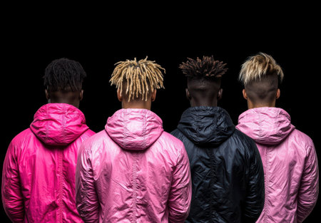 Four people wearing hooded jackets stand against a black background.の素材