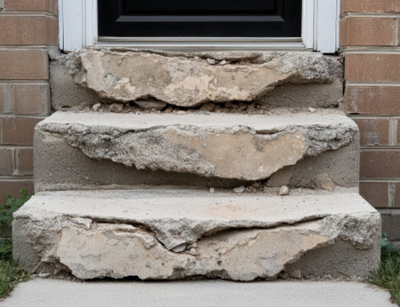 Damaged concrete steps leading to a front door.の素材